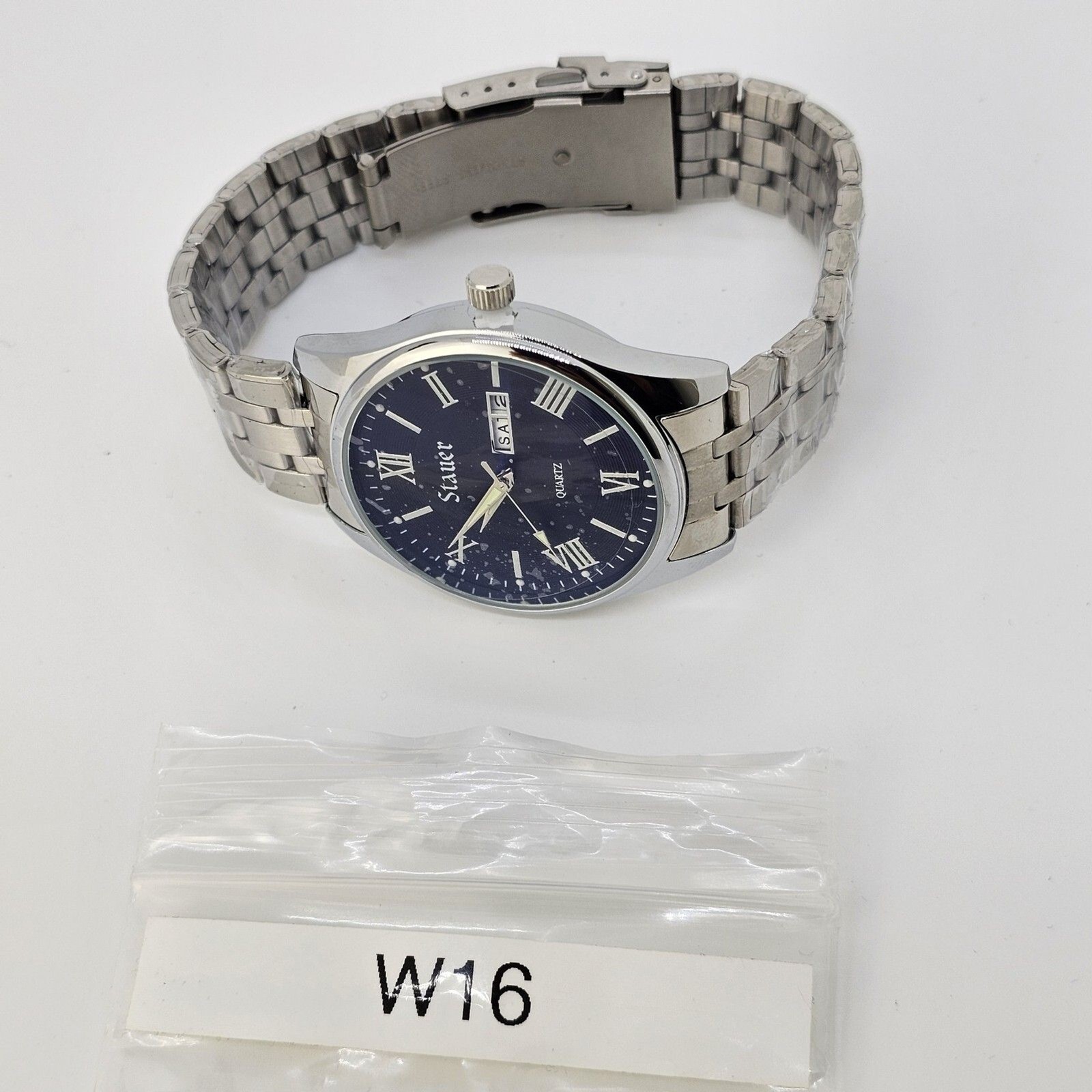 Stauer Men’s Watch 40MM Roman Numerals Blue Dial Day Date Gray Bracelet Band 8″