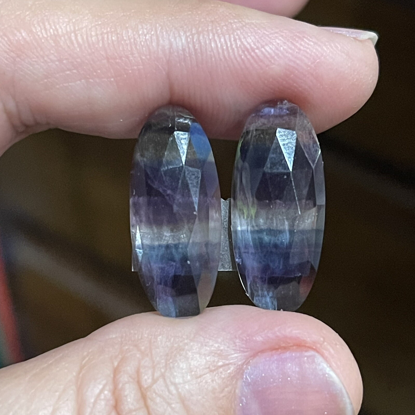 24.4ct 24.3×10.4×5.4mm Pair Teal Blue Purple Fluorite Rose Cut Oval Cabochons