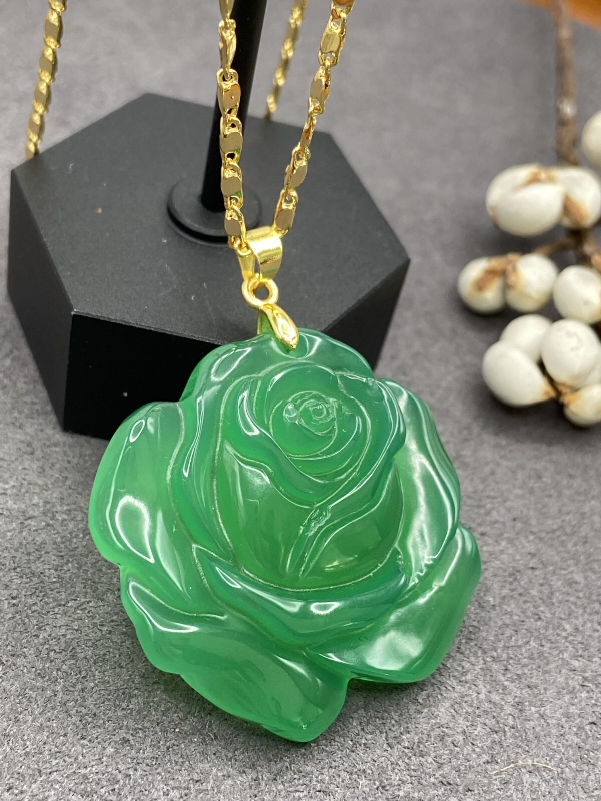 Jade Rose Flower Pendant Charm Necklace W/ 18K Gold Plated Chain Handmade Carved
