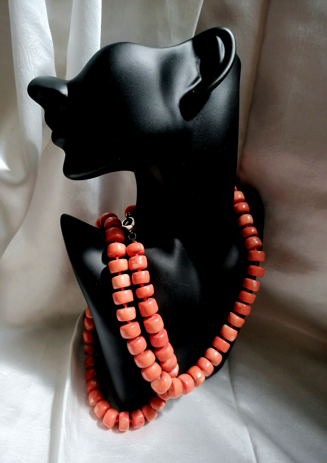 SPECTACULAR MAXI LONG NECKLACE CORAL BAMBOO SALMON CLASP SILVER GOLD.