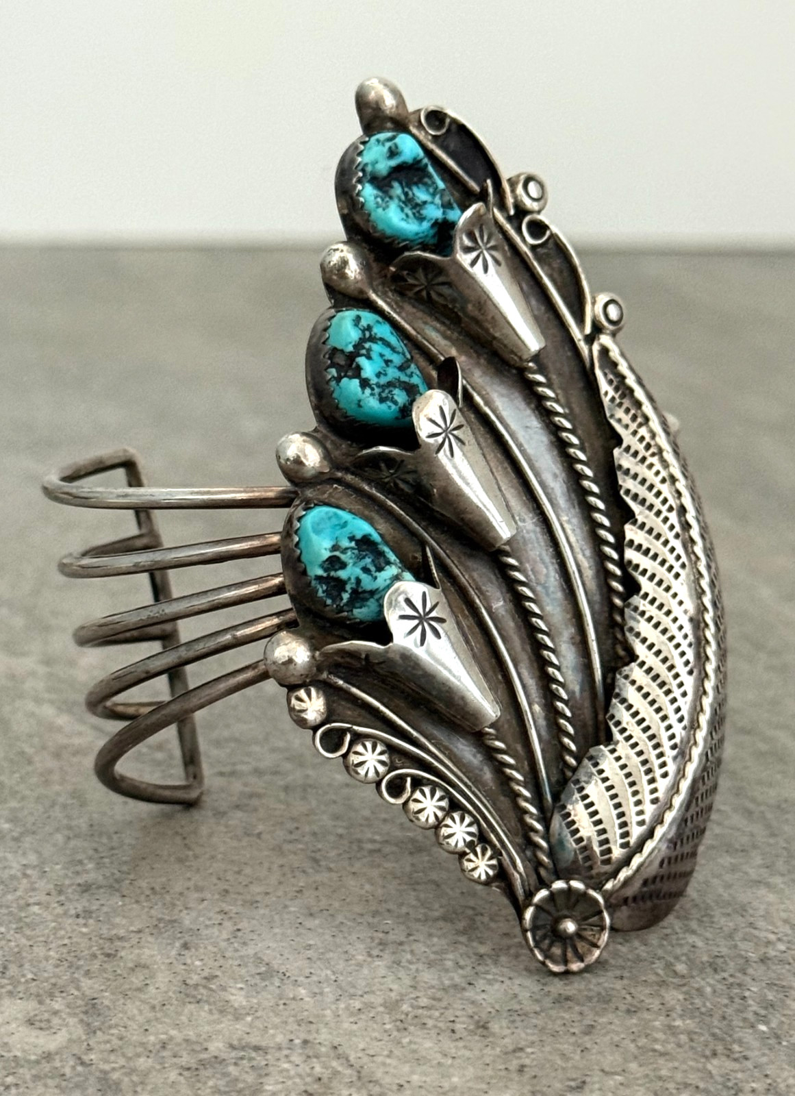 Vintage Navajo Turquoise Sterling Silver BLOSSOM Bracelet 6.7 in