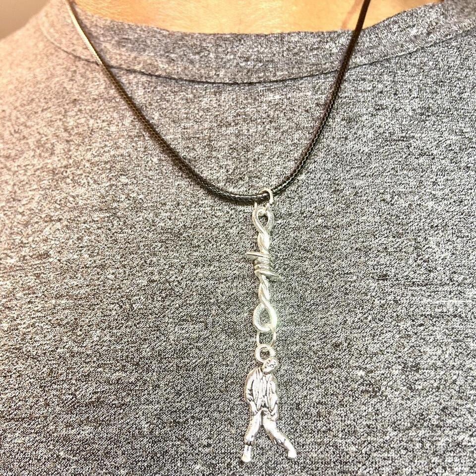 Y2K Gothic Punk PU leather Necklace , Wire with hanging man zombie pendants
