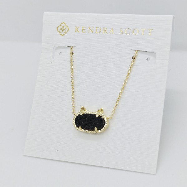 New Kendra Scott Elisa Gold Cat Kitty Pendant Necklace in Black Drusy