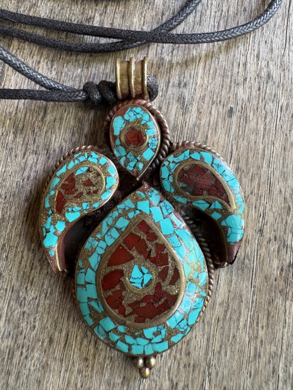 Turquoise and Coral Vintage Brass Nepalese Tibetan Pendant Necklace 26.6 grams