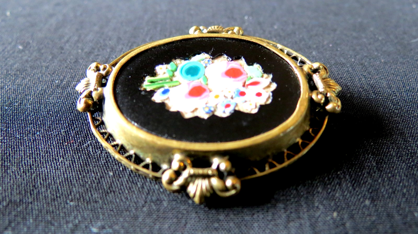Victorian Gold Fill PIETRA DURA Micro Mosaic Floral Brooch C Clasp Pin Rare Find