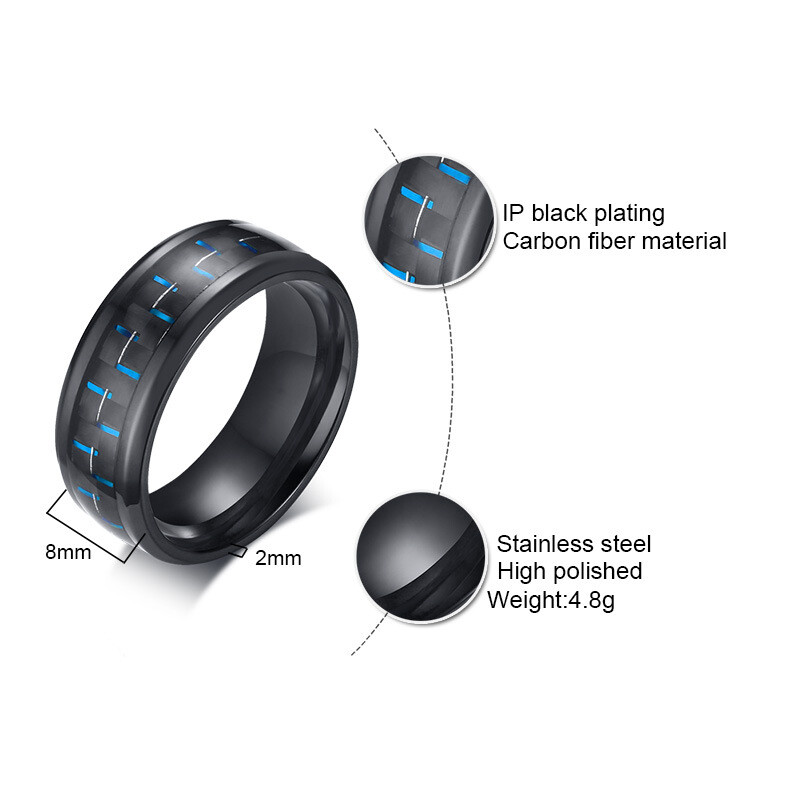 8MM New Mens Blue/Red/Yellow/Green Carbon Fiber Inlay Titanium Wedding Band Ring