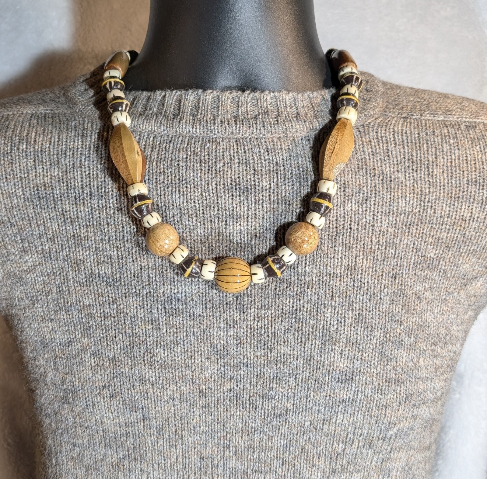 Tribal Wood Bead Necklace, African Krobo Bicone, Bone, Men’s 23in, Earth Tones