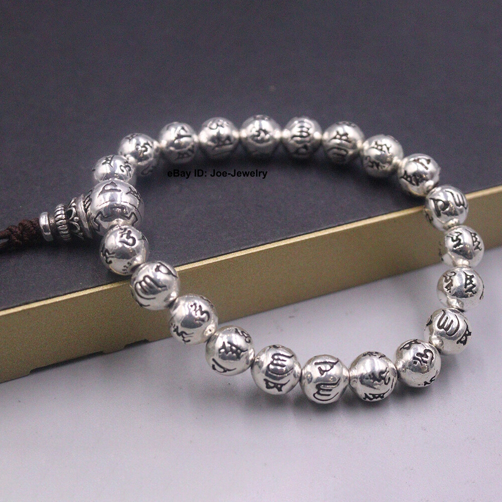 Real 999 Fine Silver Bracelet 8mm Sutra Bead Bracelet Fit Wrist 6.3inch