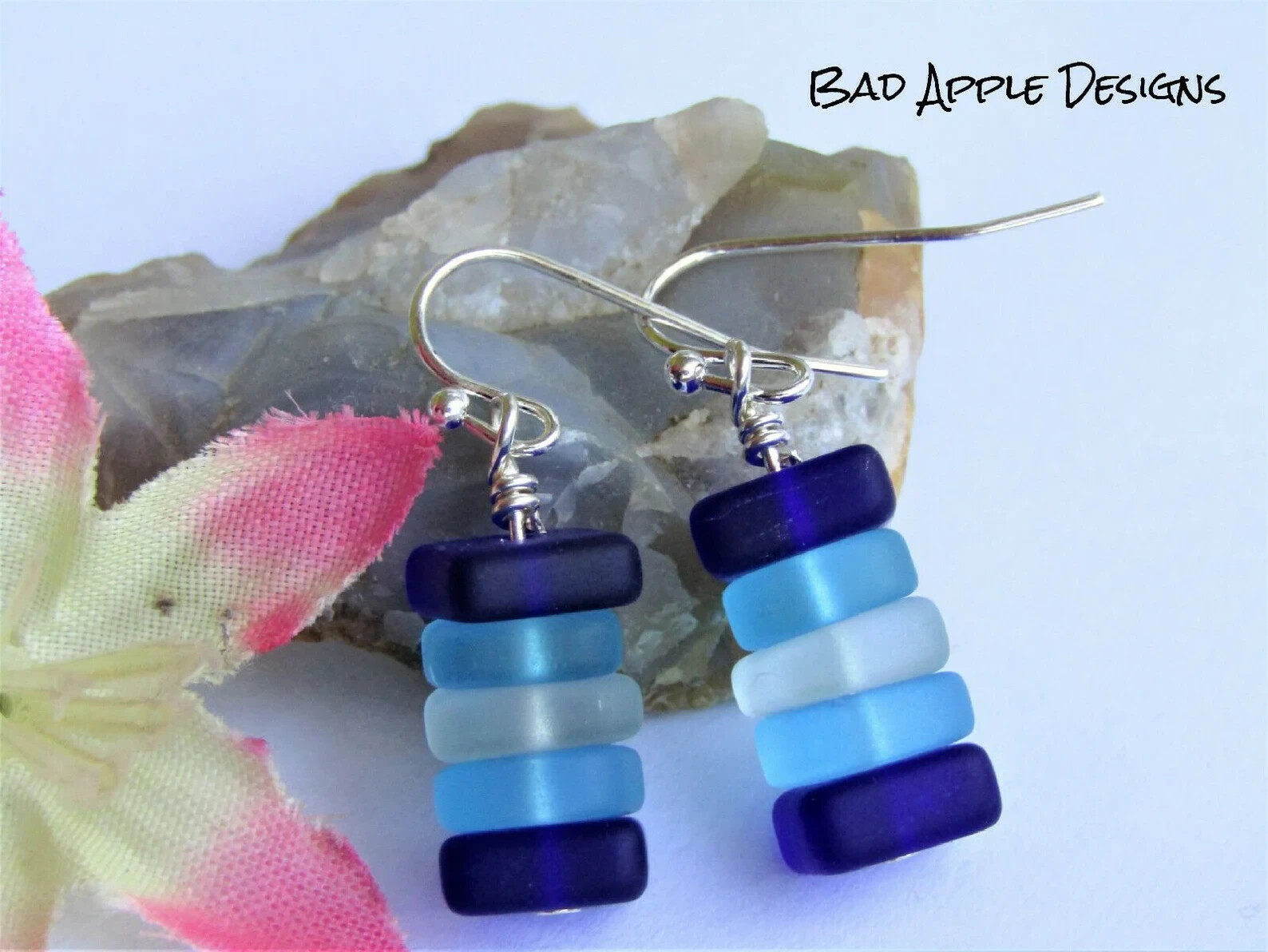 Stacked Blue & White Sea Glass Pebble Earrings Silver Plated, Beach Lover