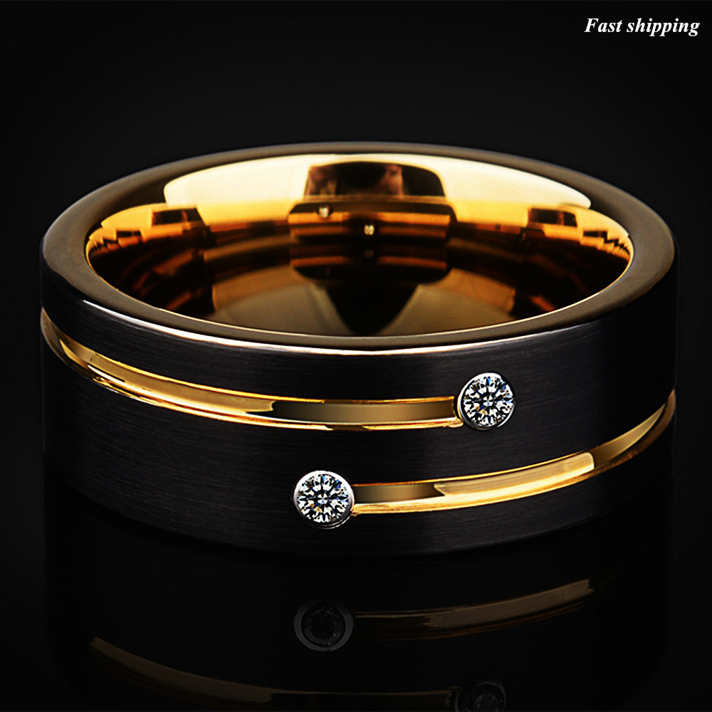 8mm Black Plated Metal Tungsten Ring Gold Grooved Line ATOP Men Wedding Band