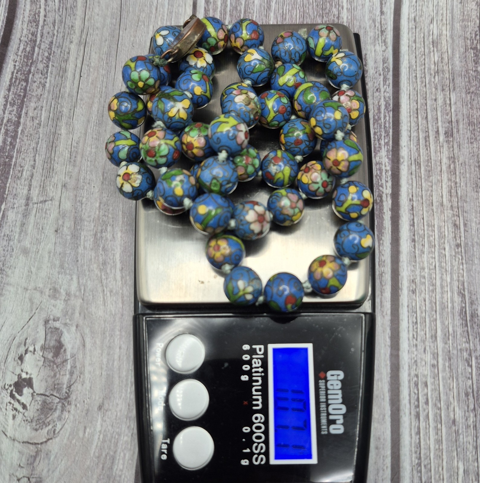 Vintage Blue Floral 26″ Strand Cloisonne Bead Necklace Old Estate Jewelry 12.3mm