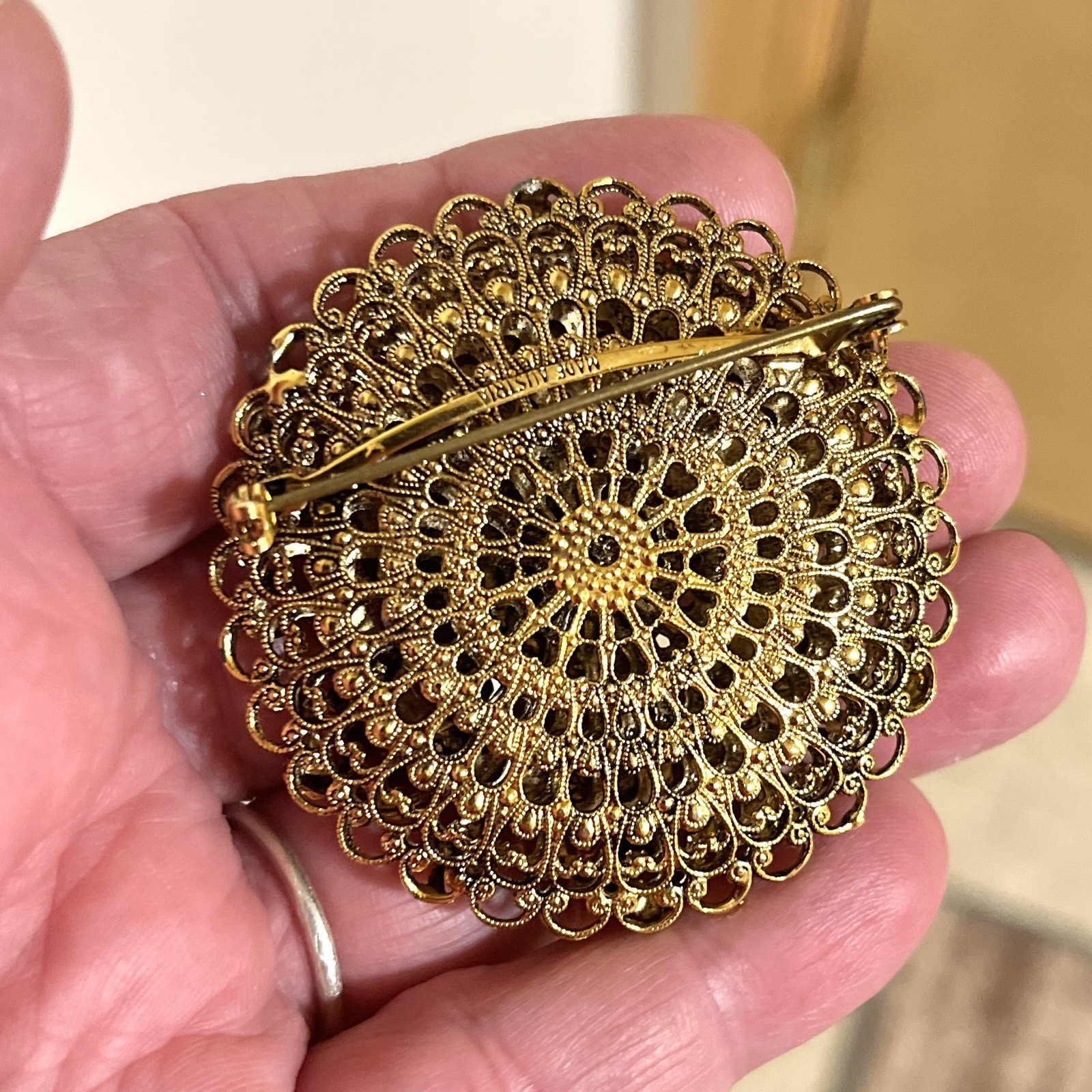 Vintage Brooch Signed Made in Austria Rhinestone Filigree Enameled 1960s
