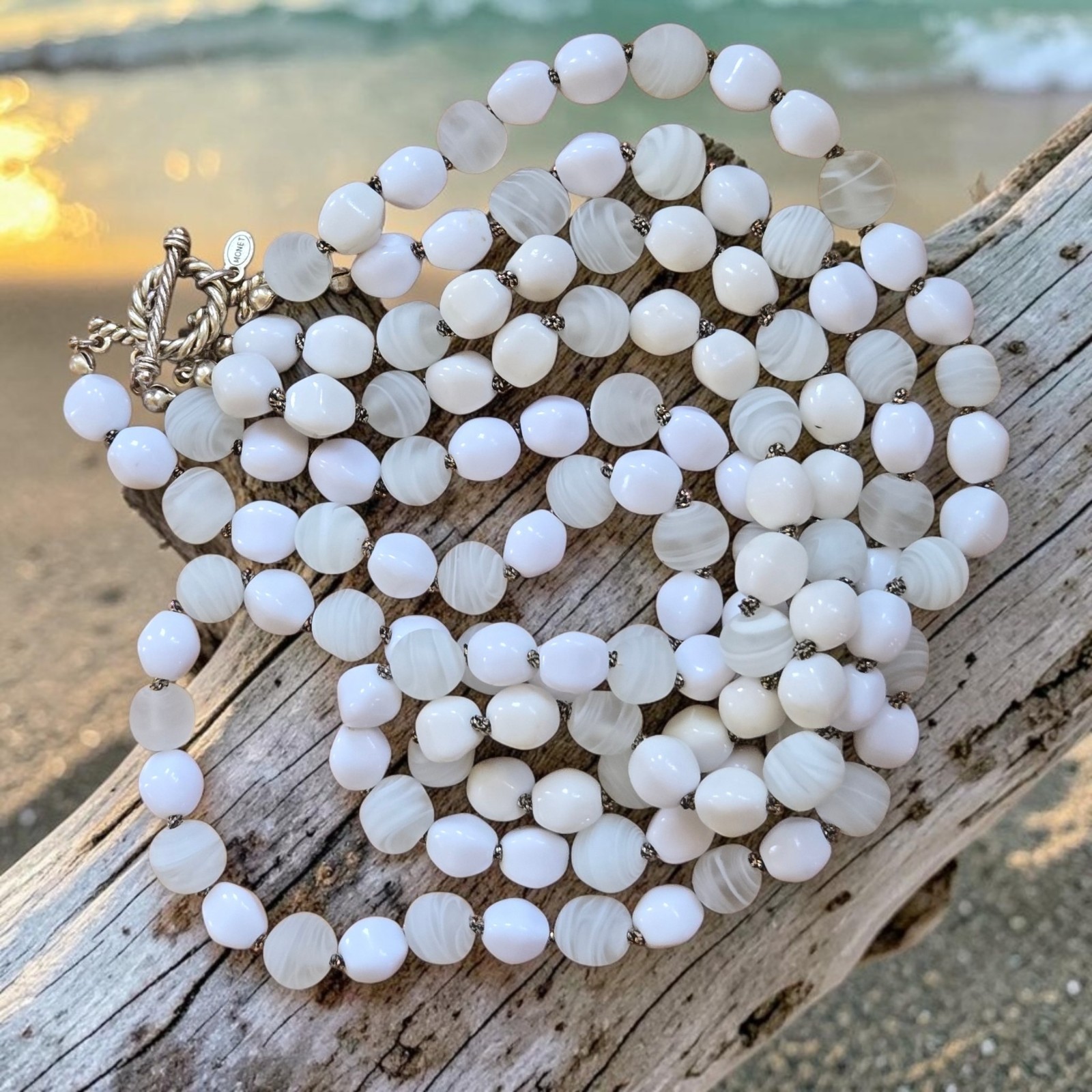 Monet Triple Strand Transparent Swirled White Glass Beads & Milk Glass Necklace