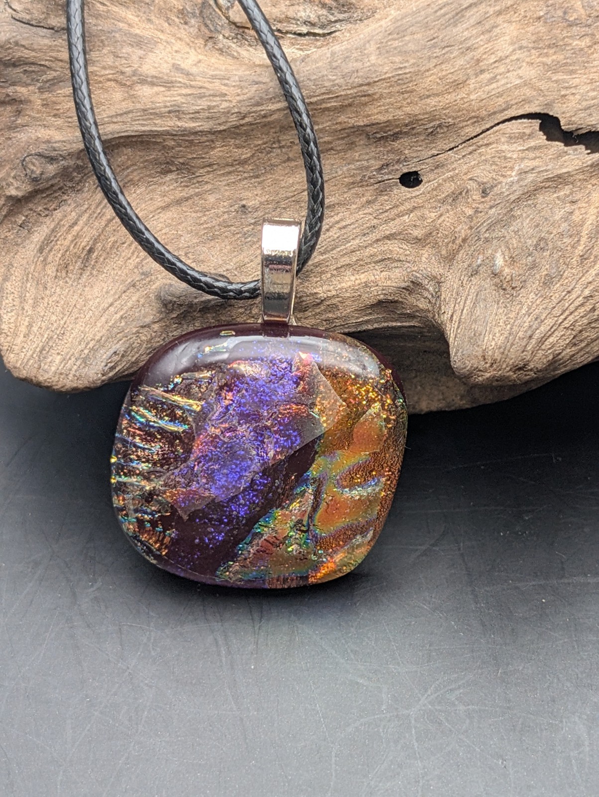 Red Gold Purple Multicolor Fused Dichroic Glass necklace Silver bail #501