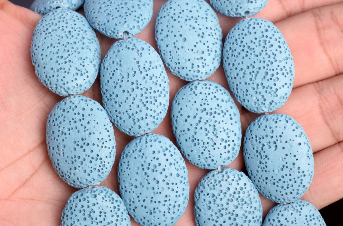 26x19MM Blue Volcanic Lava Flat Oval Grade AAA Natural Loose Beads 15.5″