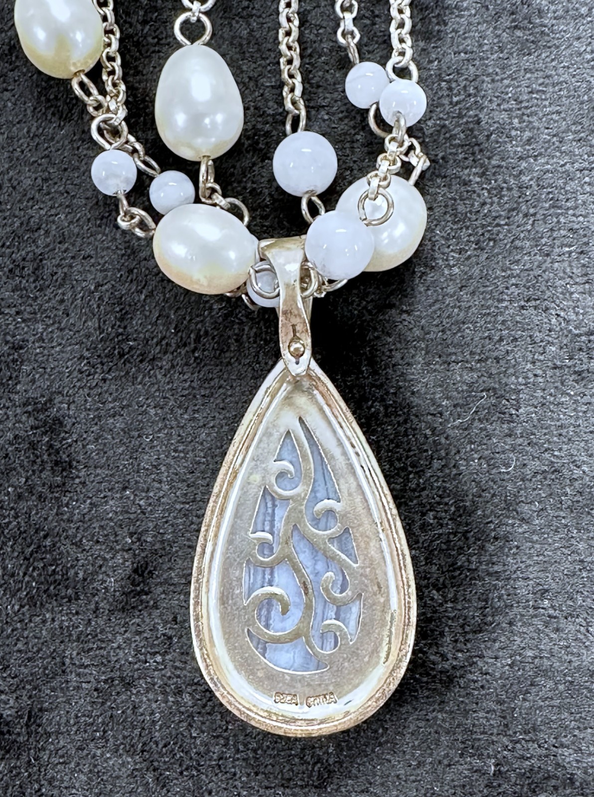 Marcasite 925 Sterling Silver Blue Lace Agate & Pearl 3 Strand Necklace 17″ 39g