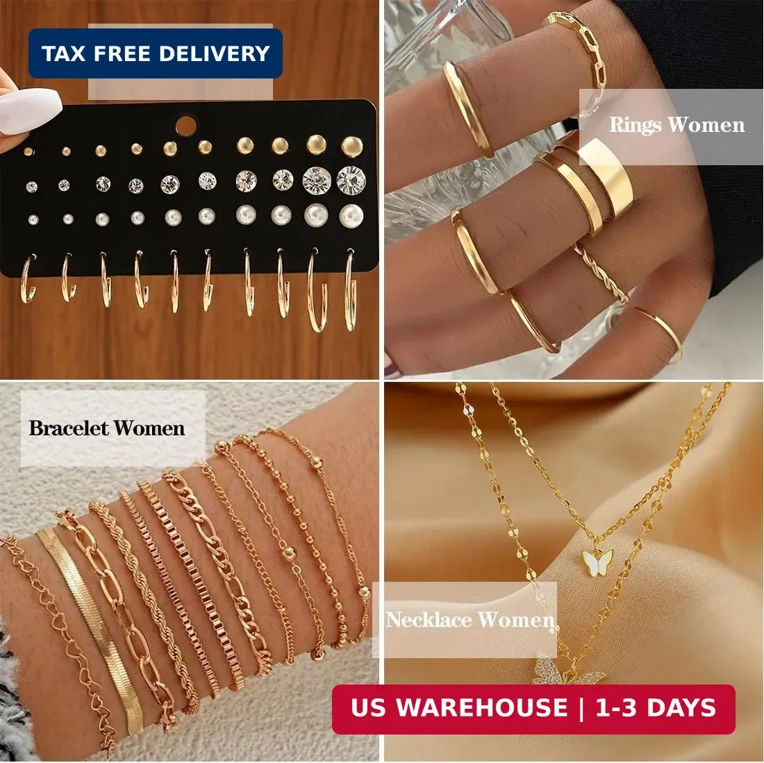 47pcs Gold Jewelry Set With 3 PCS Necklace, 11 PCS Bracelet,20pcs Hoop Stud Earr