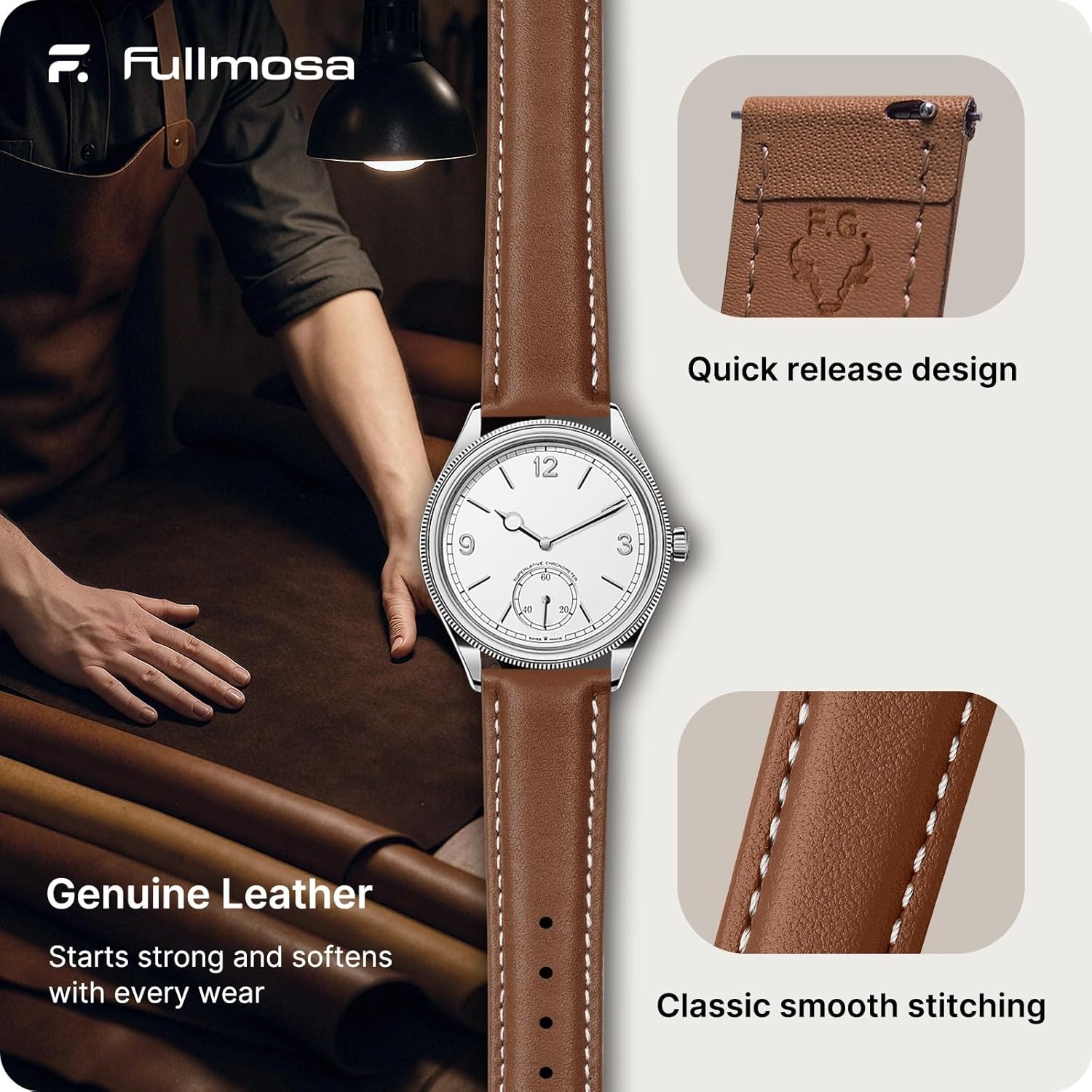 Versatile 19mm Brown Leather Watch Strap with Quick Release for Easy Fit