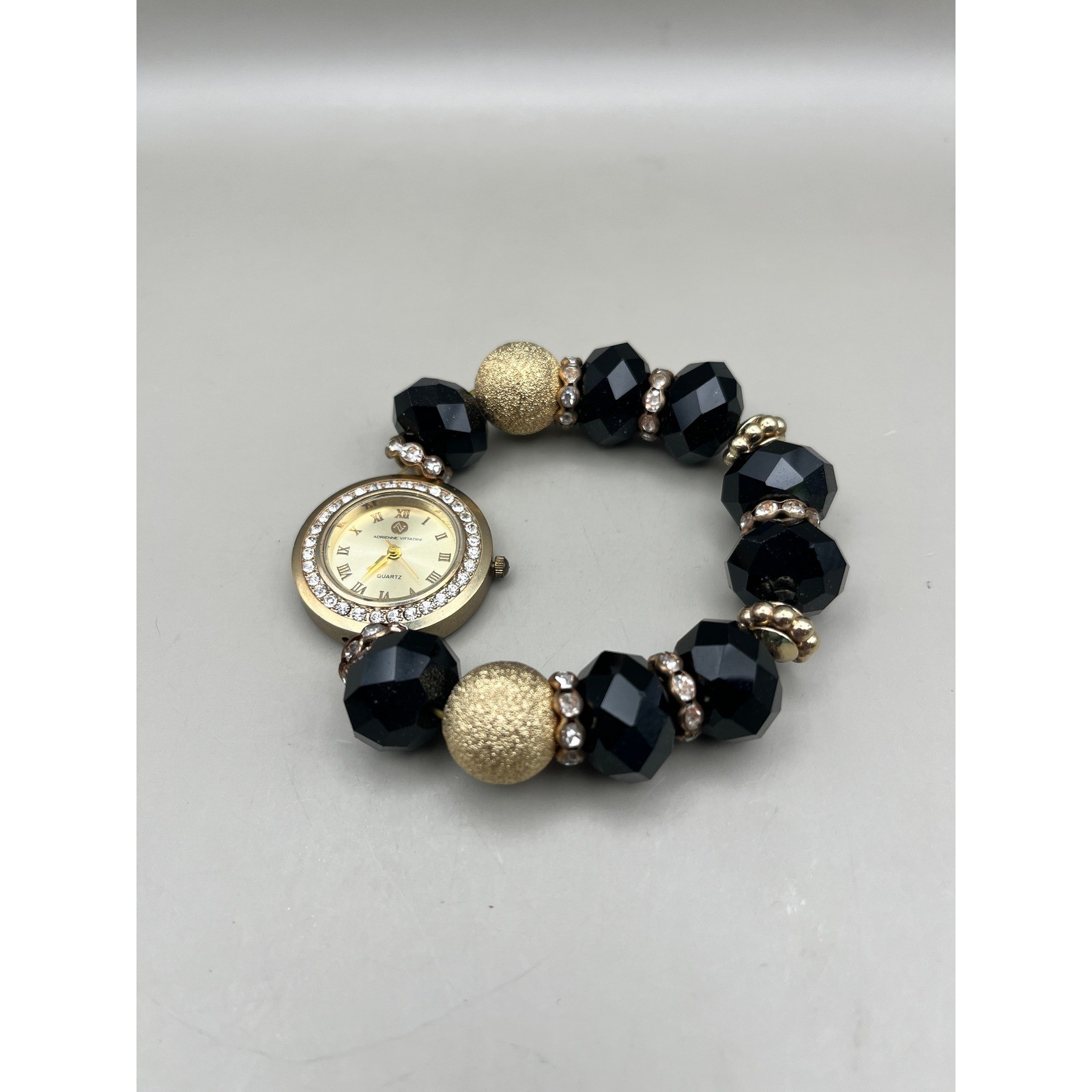 Adrienne Vittadini Women Quartz Watch Black Gold Bead Stretch Bracelet Untested