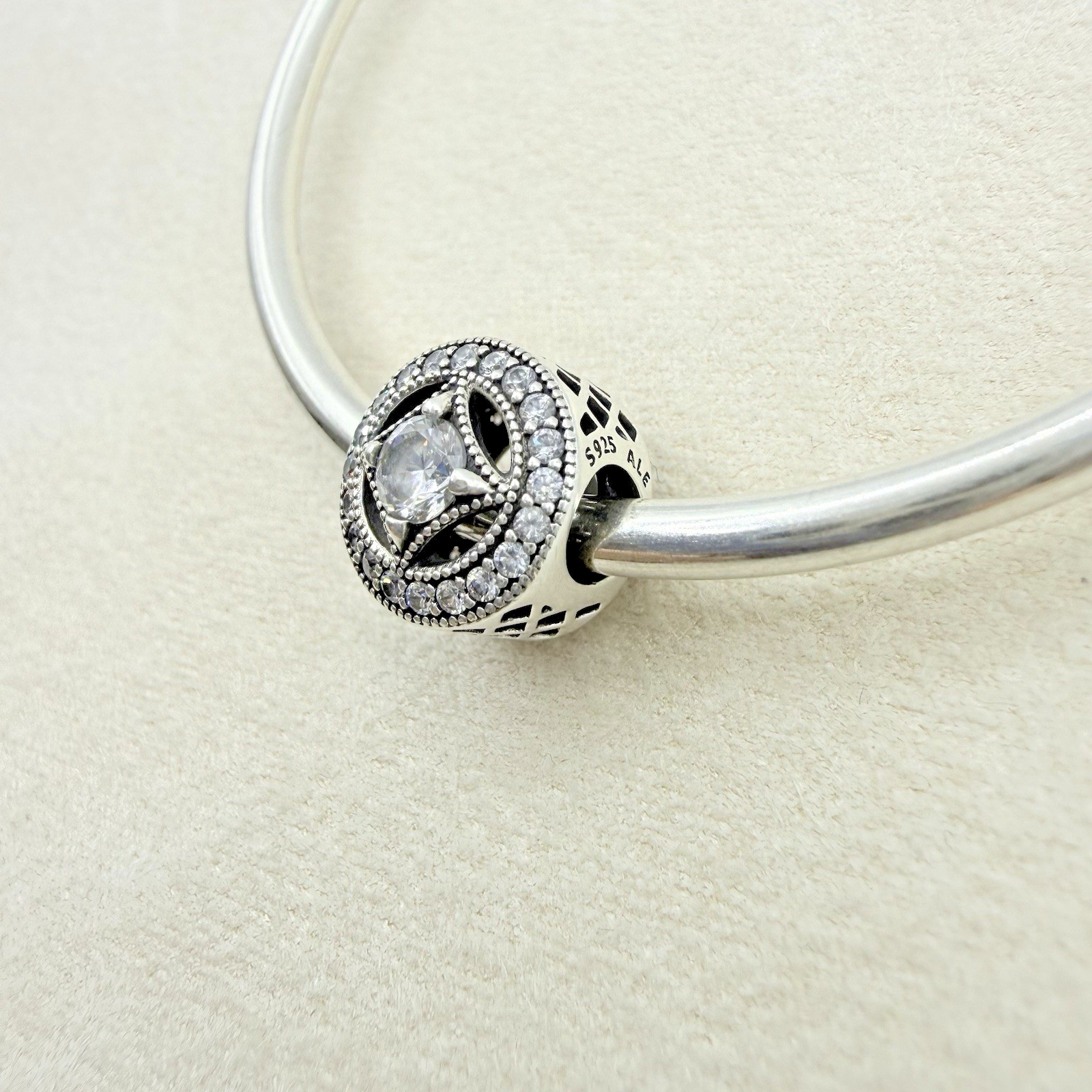 Pandora Sterling Silver Vintage Allure Round Charm Bead Pave CZ Stone