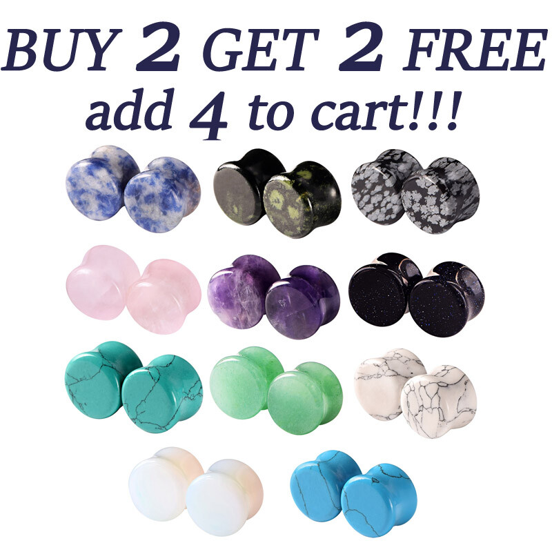 PAIR Organic Natural Stone Ear Gauges Ear Plugs Double Flared Piercing 2g-5/8″