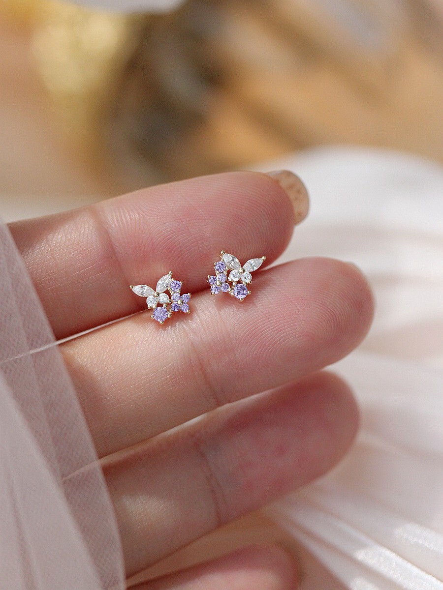 925 Sterling Silver Post Tiny Butterfly Purple CZ Stud Earrings 6mm Gift PE64