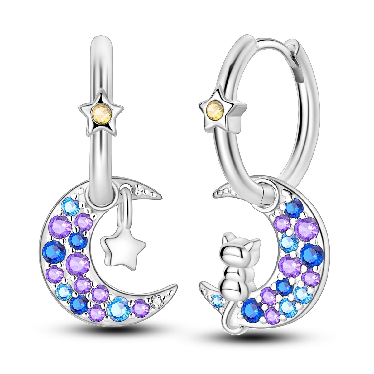 LAZA European Women 925 Sterling Silver Hoop Earrings CZ Star Moon Cat Jewelry