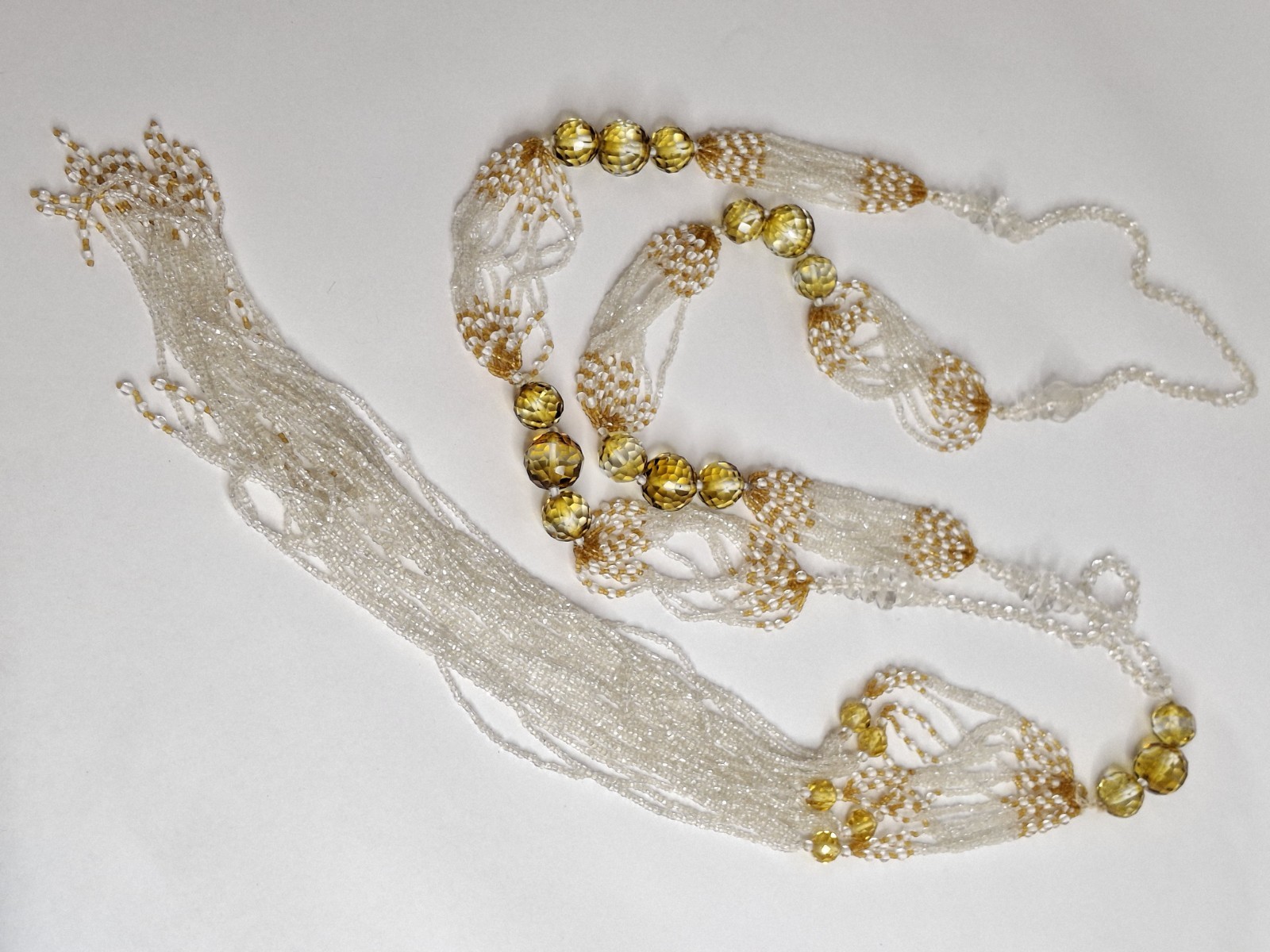 Vintage Glass Bead Sautoir Necklace Clear Flapper Art Deco Tassel Fringe 52”