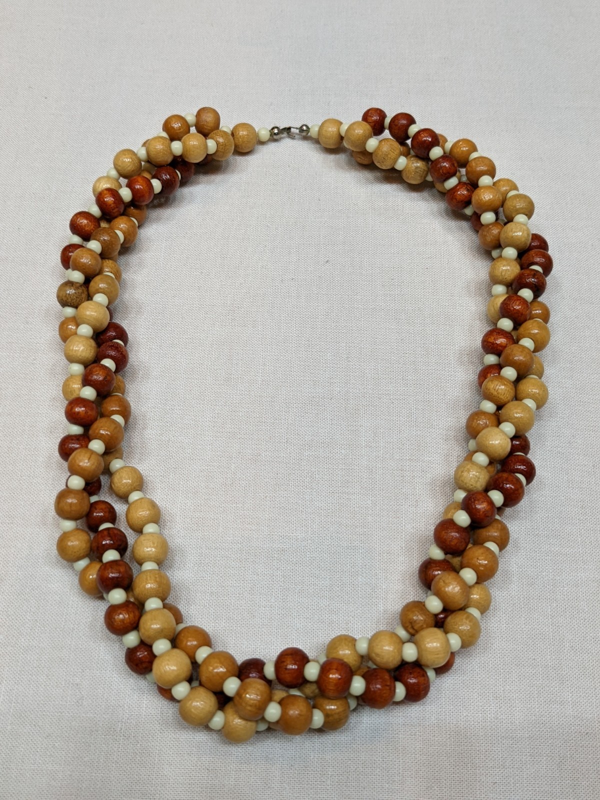 Wood Bead Necklace Twisted Multi Strand Brown Tan Cream Boho Statement Jewelry