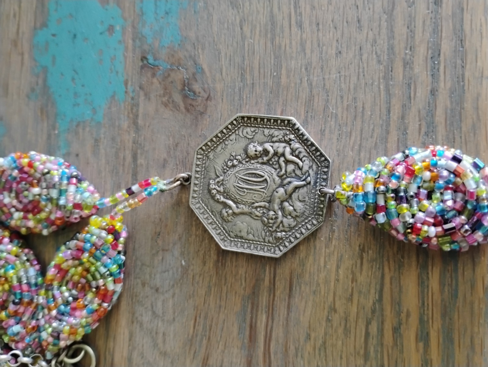 Stunning Antique Medal With Vintage Seed Beads Tassel Necklace Original
