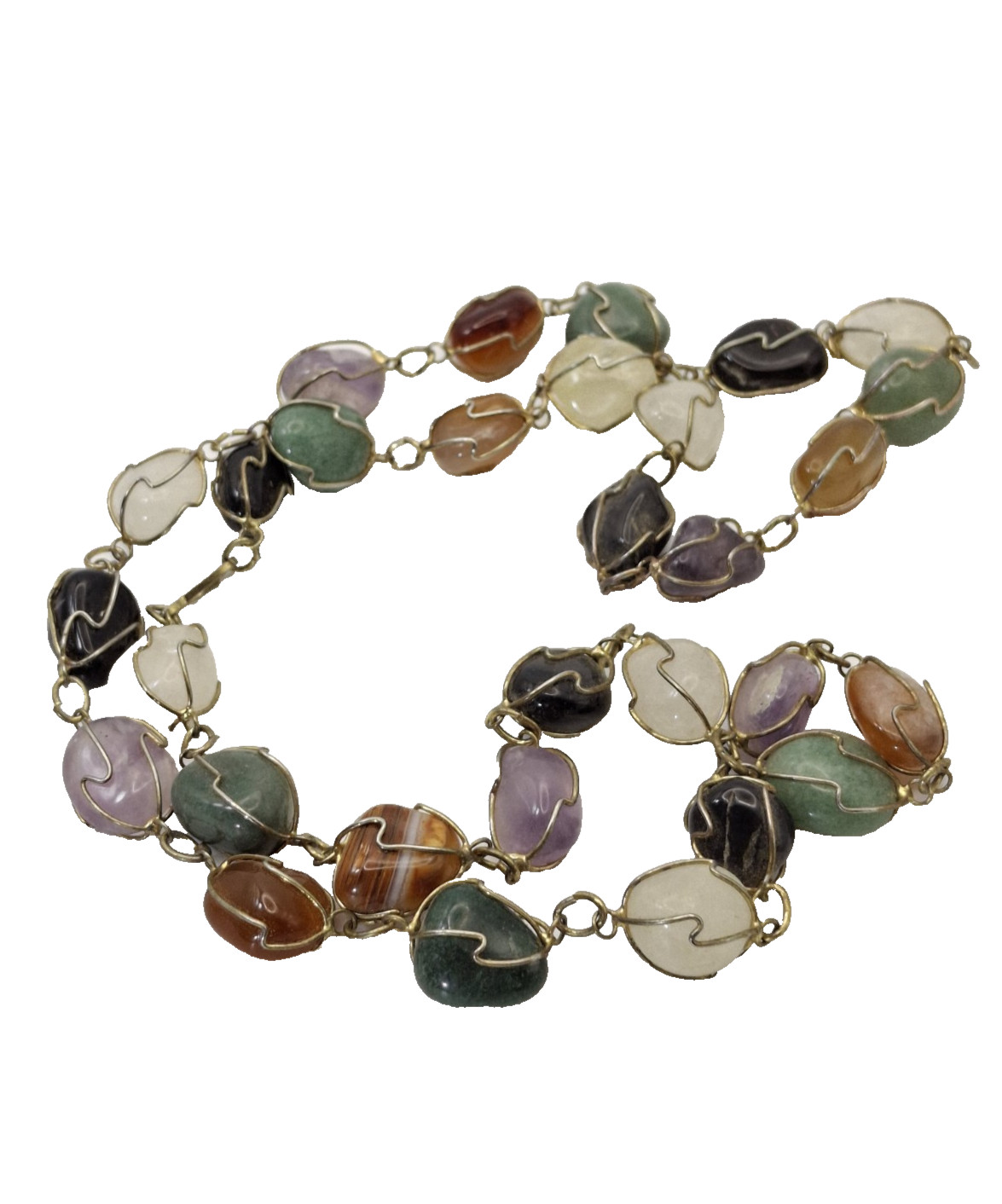 Vintage Necklace Wire Wrapped Natural Semi-Precious Caged Stones Naturecore 26″