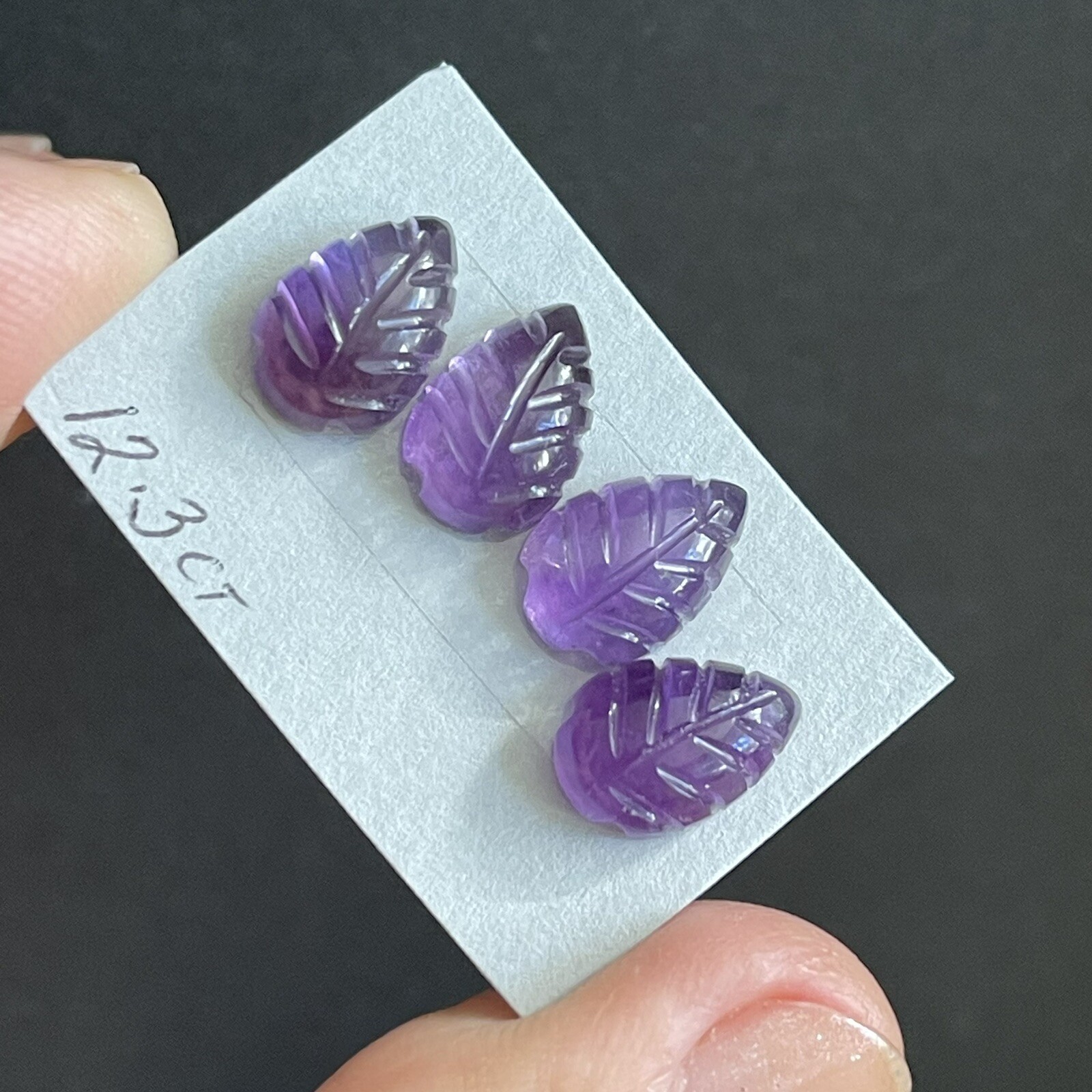12.3ct 12x8x5mm 4pc Lot Purple Leaf Carved Flat Back Amethyst Cabochons Gems