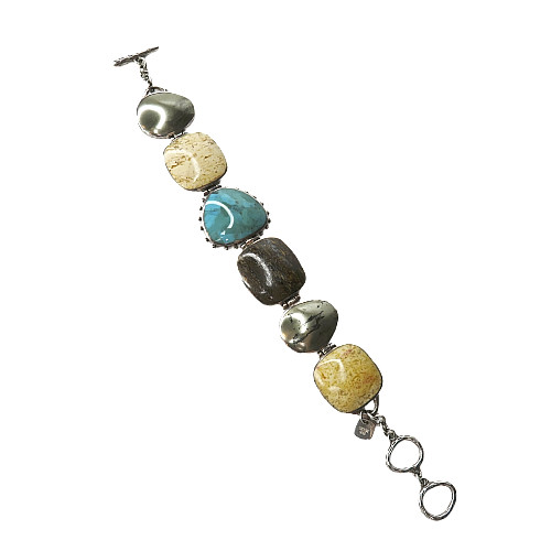 SILPADA B1934 Turquoise Pyrite Bronzite Jasper Sterling Silver Toggle Bracelet