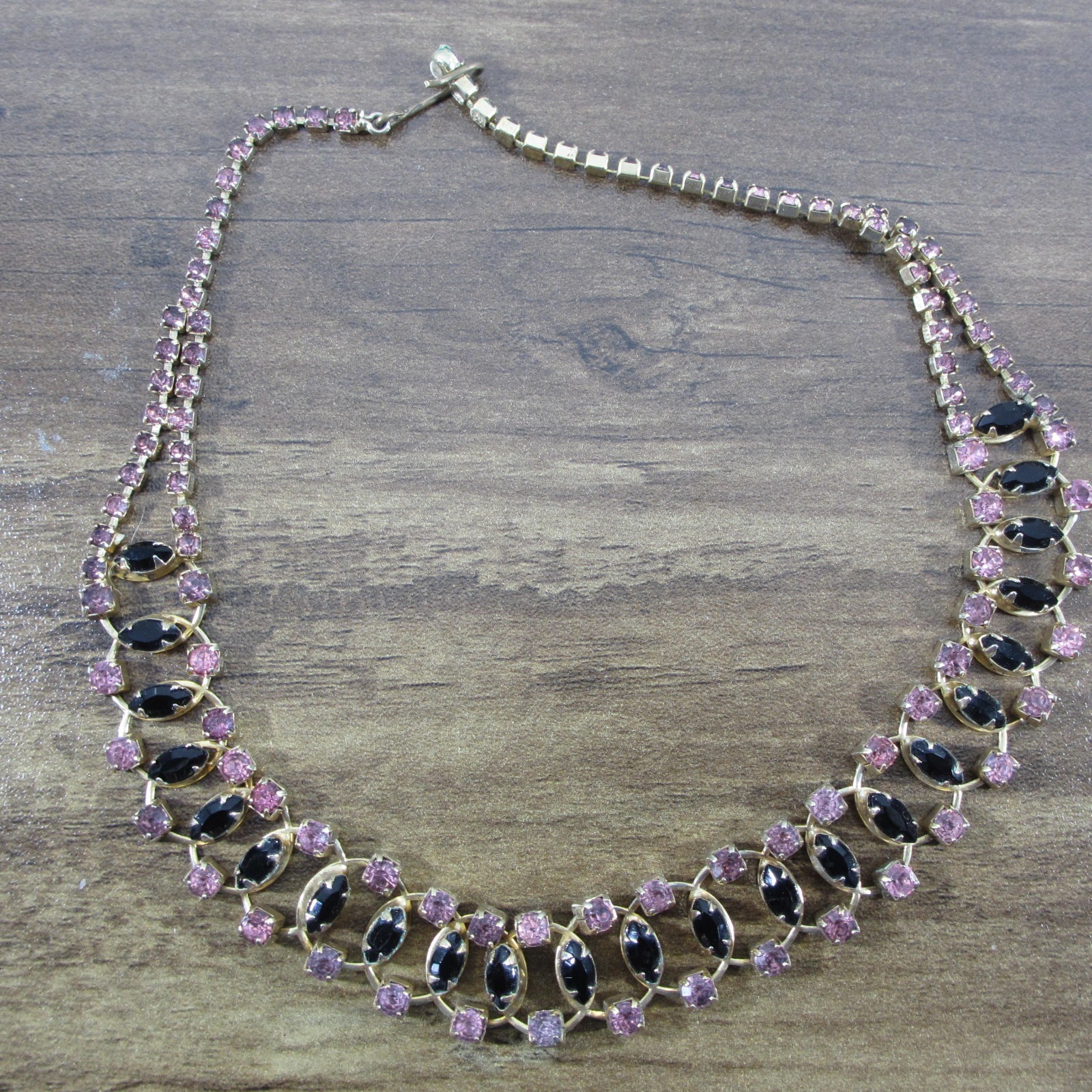 Vintage Rhinestone Necklace Purple Black Gold Tone Choker Collar 15 Inch