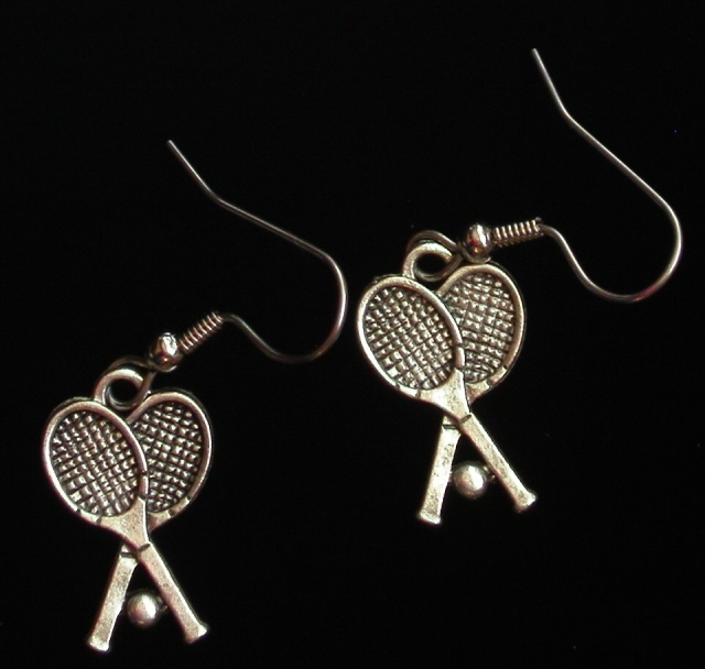 Tennis Racket Earrings Double Rackets Matte Silver Ox