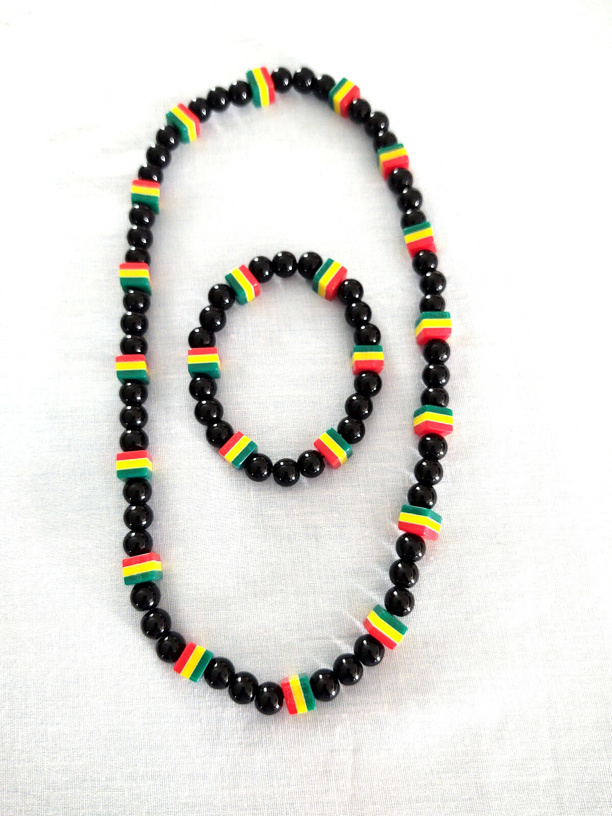 Reggae Acrylic Beaded Rasta Black Green Yellow Red Colors Necklace Bracelet Set