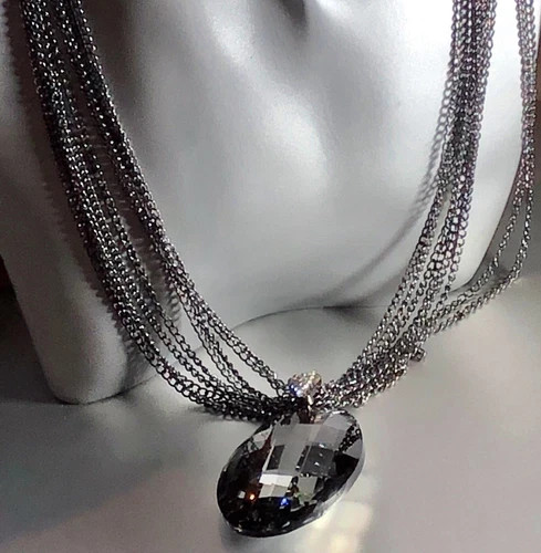 14K Black Rhodium Plated Big Oval Pendant Long Sweater Chain Necklace Gorgeous