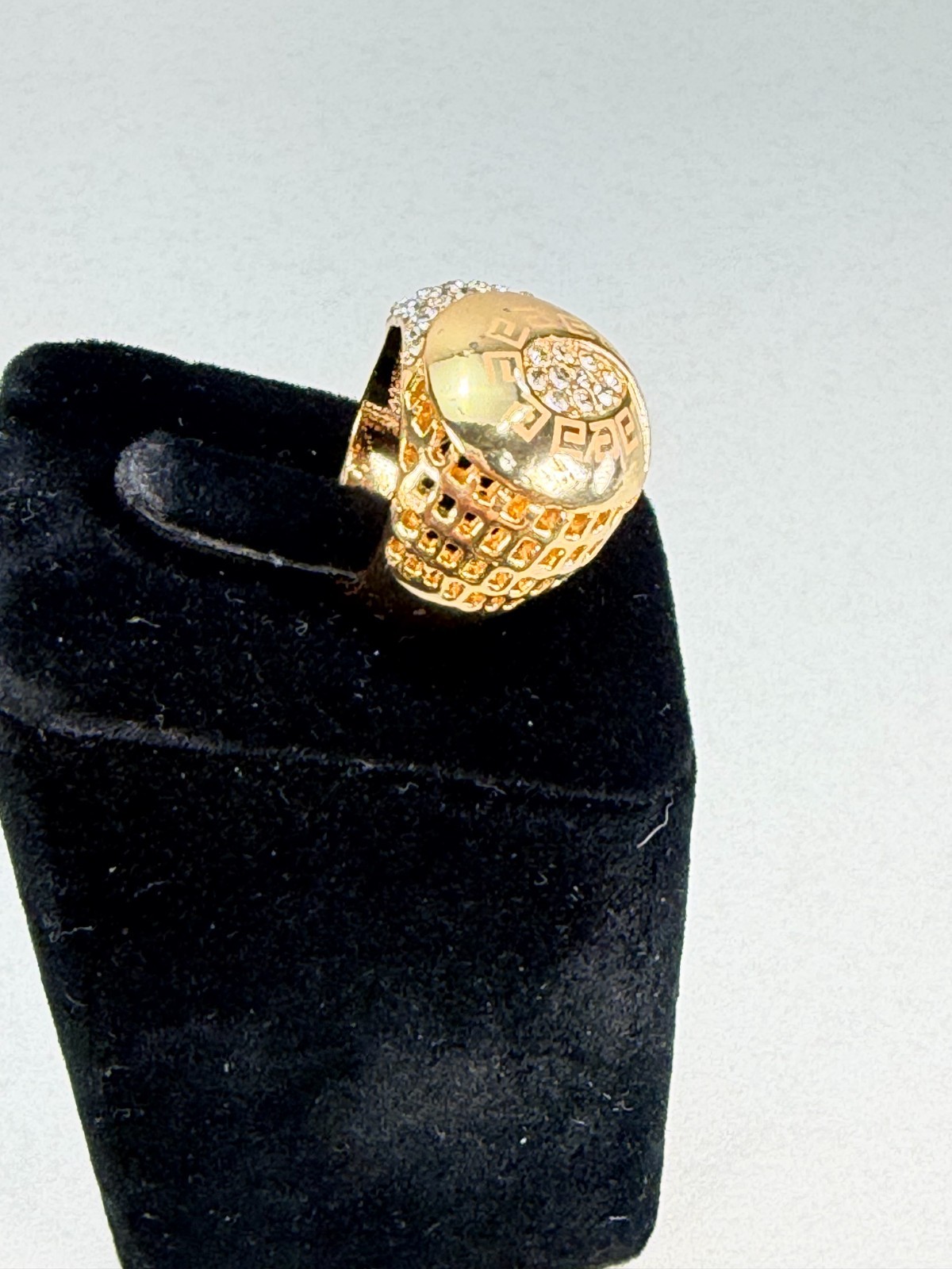 Vintage Gold Tone Greek Key Rhinestone Dome Statement Cocktail Ring