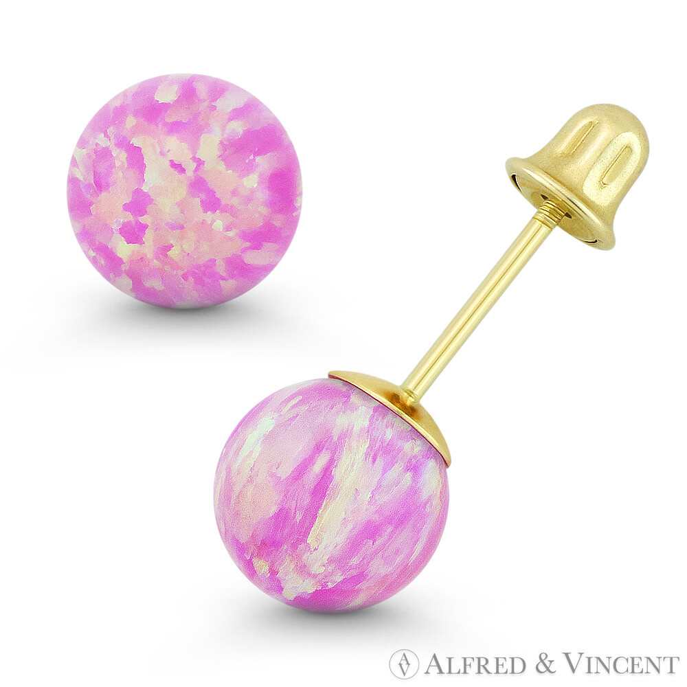 Angel Skin Pink Synthetic Fire Opal 14k Yellow Gold Screwback Ball Stud Earrings