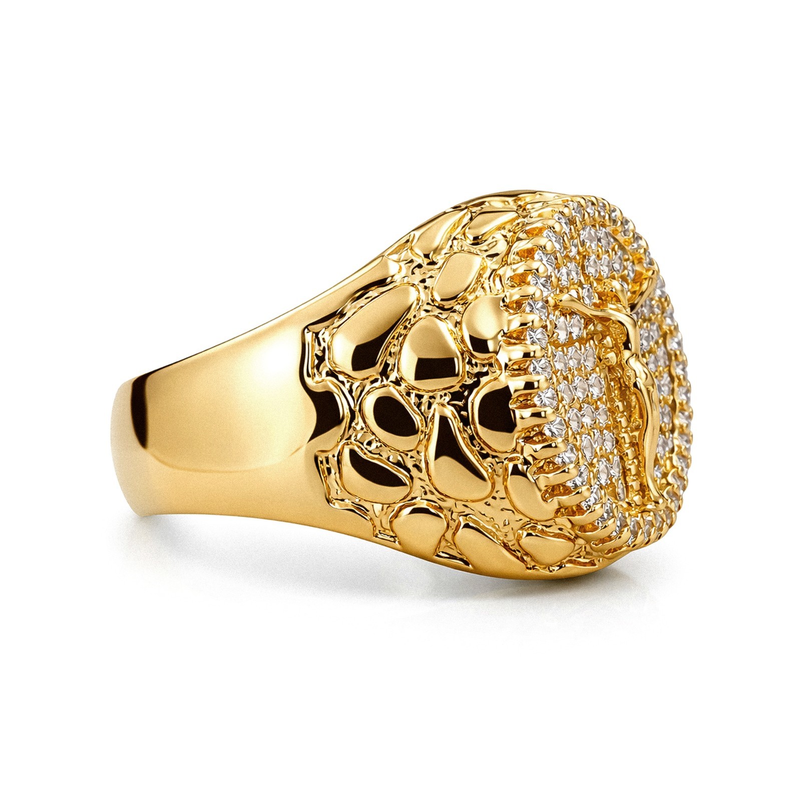 Italian 1/200 14k Yellow Gold Jesus Crucifix Iced CZ Nugget Ring Men Women