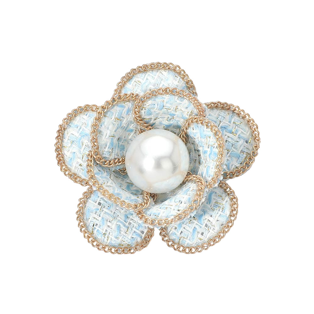 2pcs Pearl Accent Blue Tweed Flower Brooch Hair Clip Lapel Pin Women’s Gift