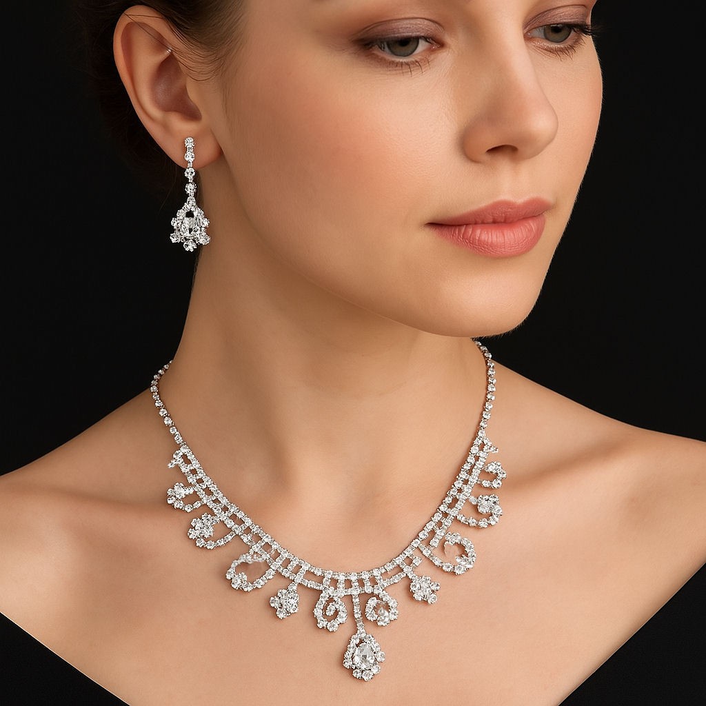 Rhinestone Necklace & Drop Earrings Set – Bridal, Bridesmaid, Prom Night Sparkle