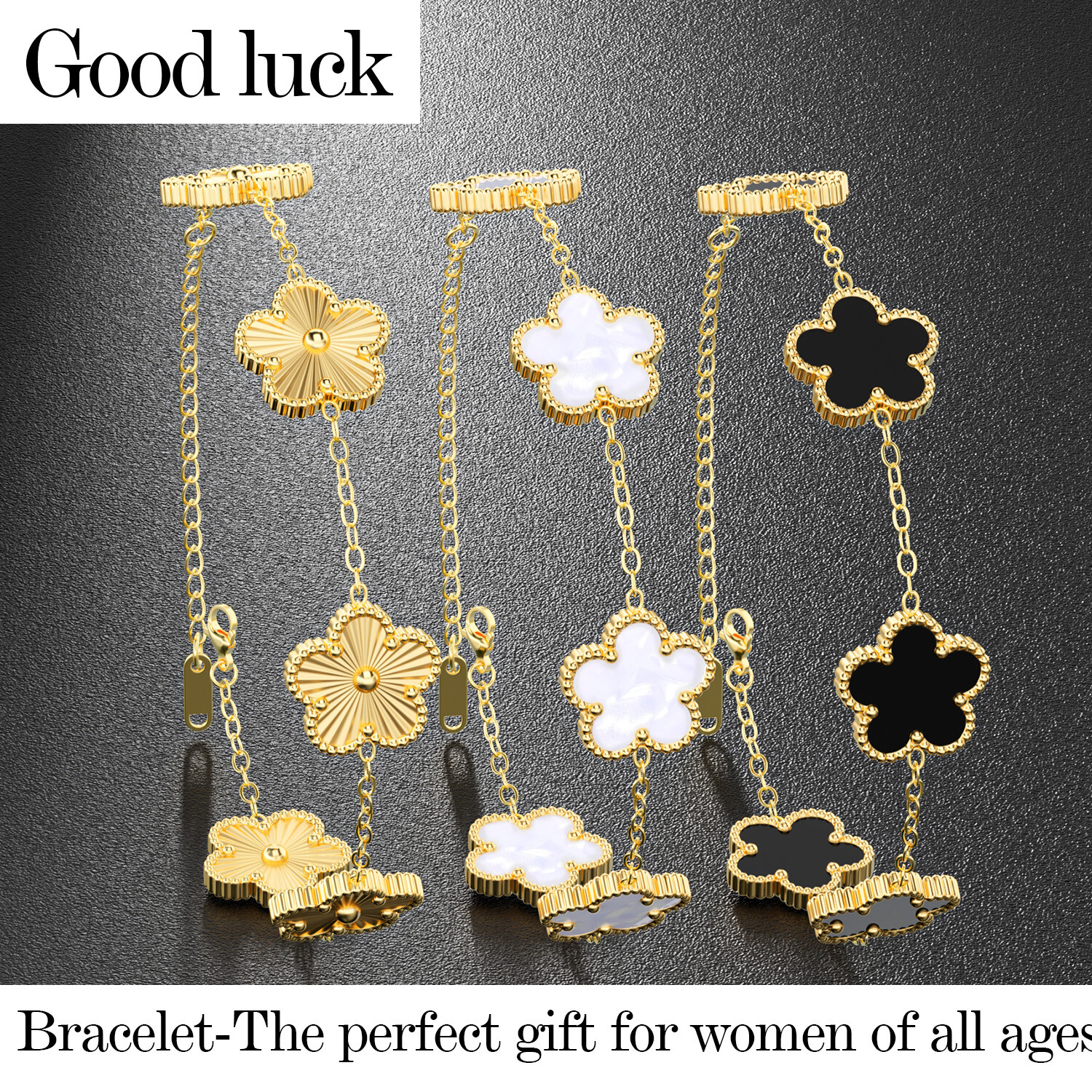 3-Pcs 18k Gold Plated Clover Lucky Bracelet For Women Flower Five Leaf Bracelets
