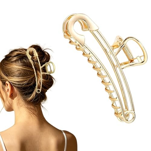 Large Hair Claw Clips,4.2 In Safety Pin Hair Clip for Thick Hair Metal Gold