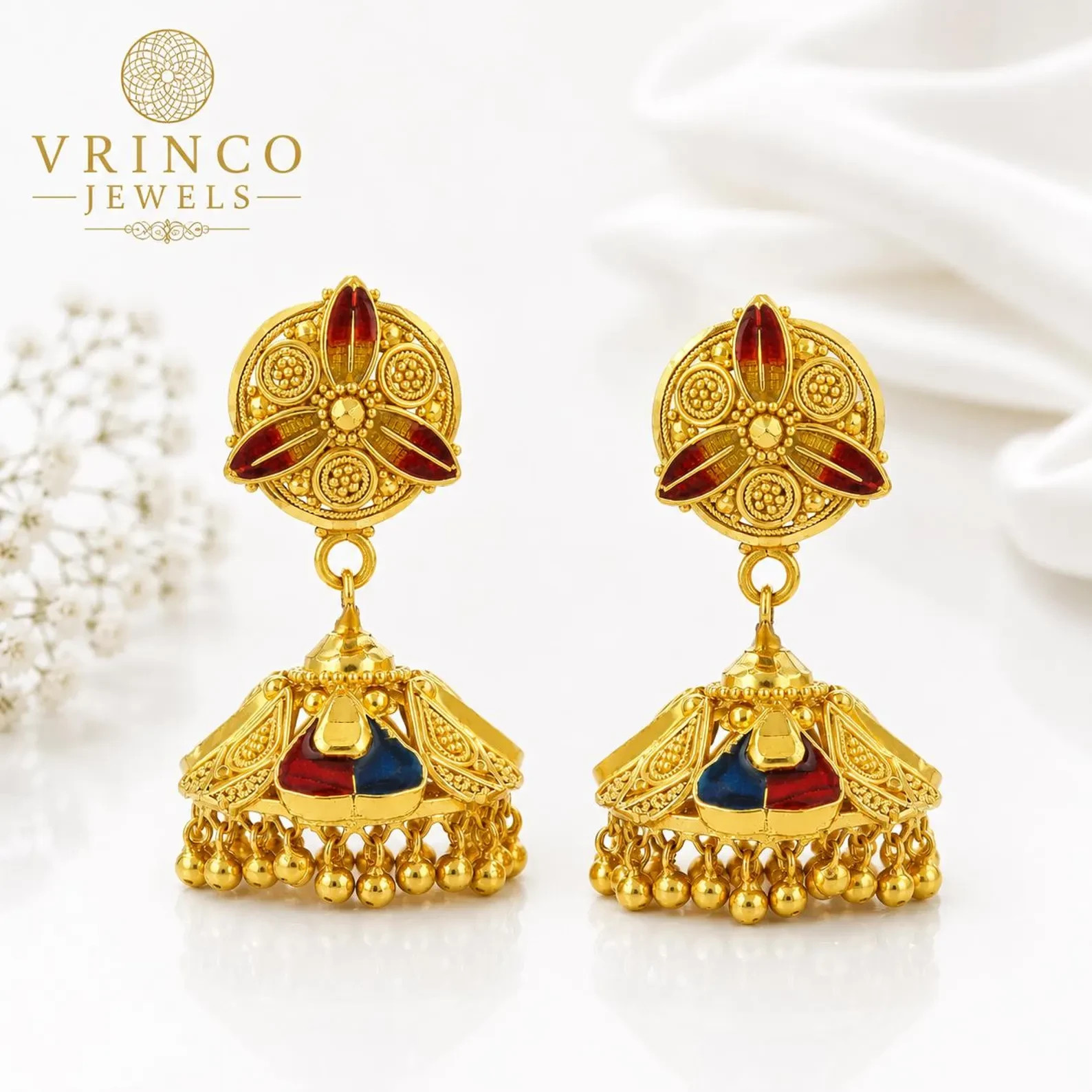 Pacina 22KT Hallmarked Yellow Gold Jhumka Earrings Traditional Bridal Jewelry Gi