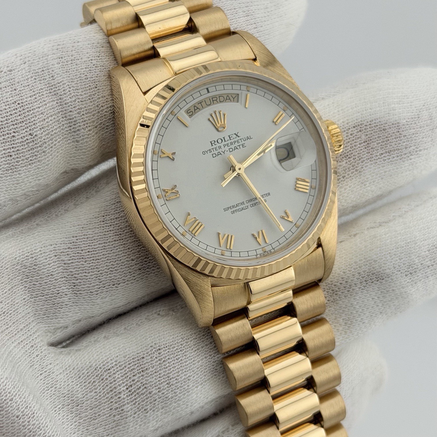 Rolex Day Date President 18038 36mm Quickset White Roman Dial 18k Yellow Gold