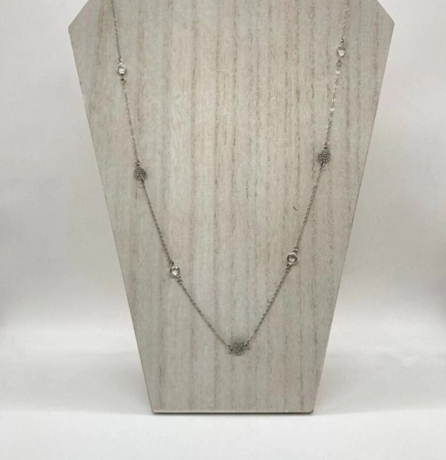Hudson Moon Silver Tone Clear Stone Station Necklace Long Chain Fashion Jewelry