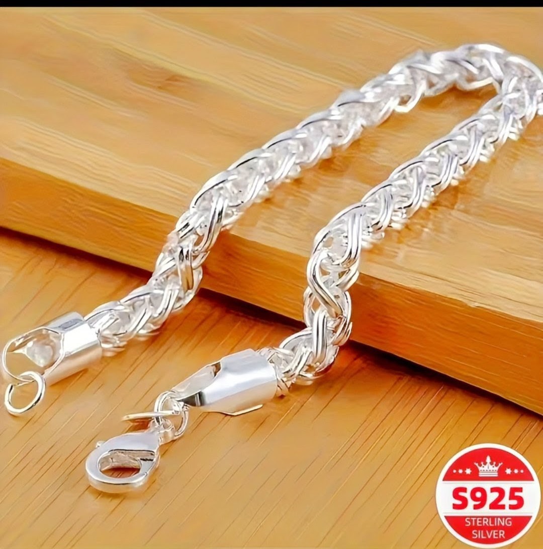 Sterling Silver 925 Braided Chain Bracelet 8in with Lobster Clasp