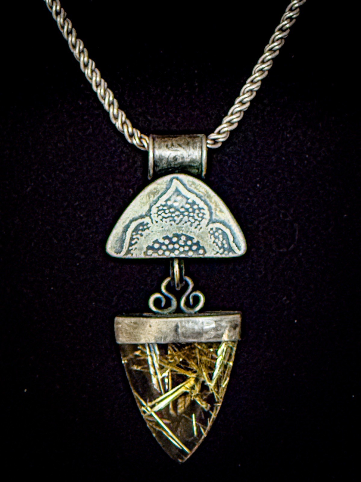 Rutilated Quartz Pendant W 22″ Necklace – 925 Silver & 10K Gold – 2.0 oz