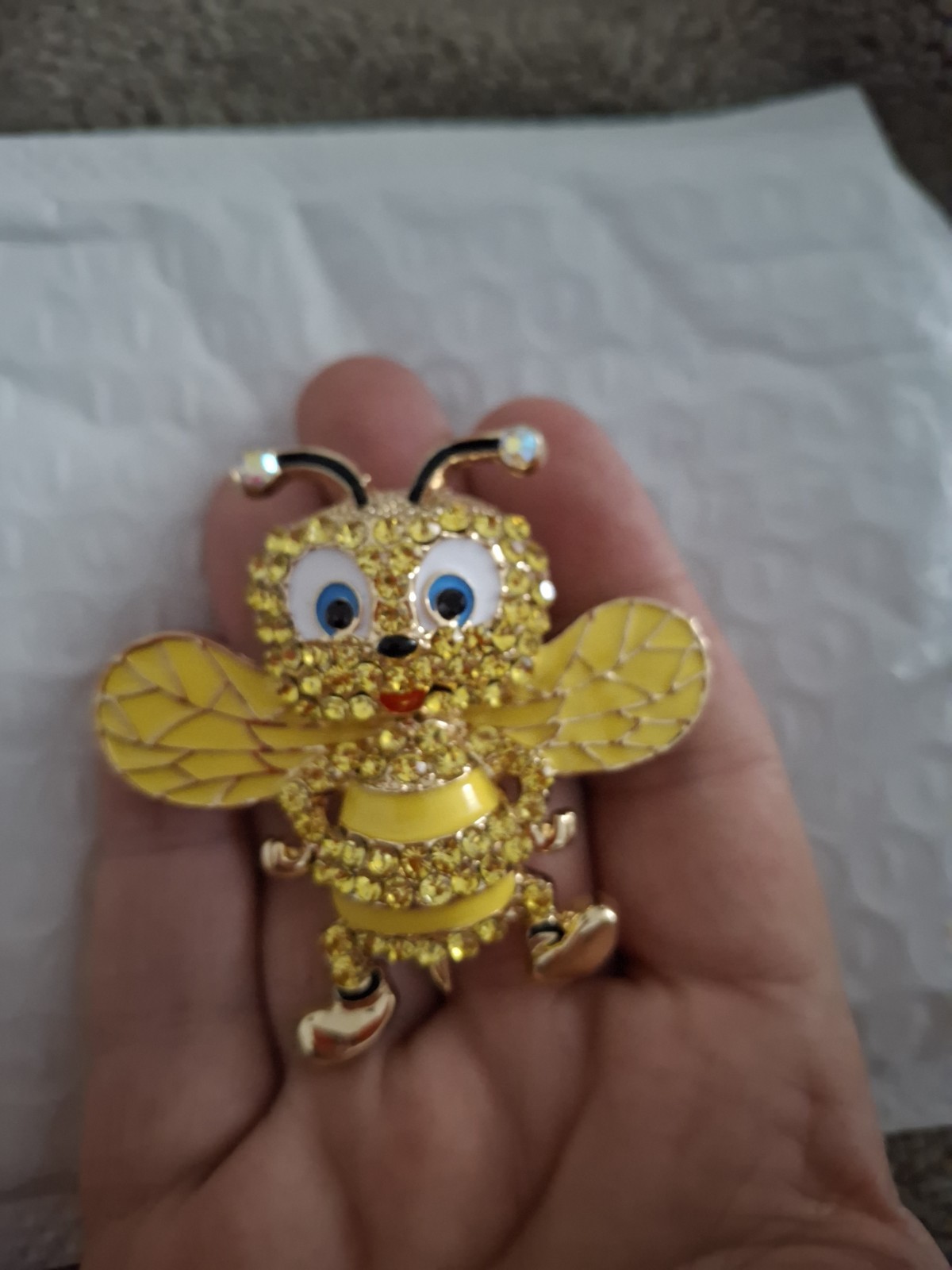 Gold Tone Bee Brooch Pin Yellow Blue Enamel Wings Yellow Round Rhinestone